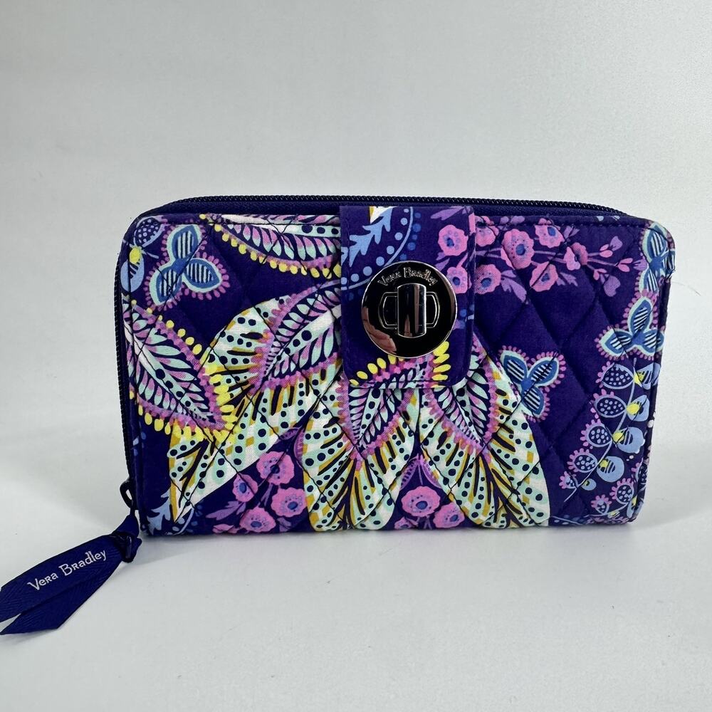 Vera Bradley Turnlock Zip Organizer Wallet BATIK LEAVES Purple RFID Clutch